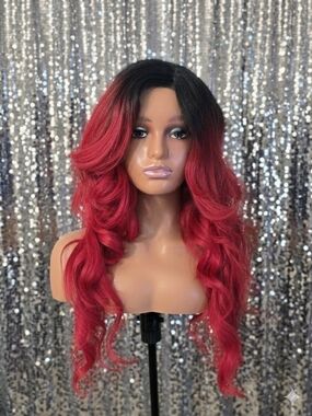 Red Long Curly Layered Synthetic Lace Front Wig